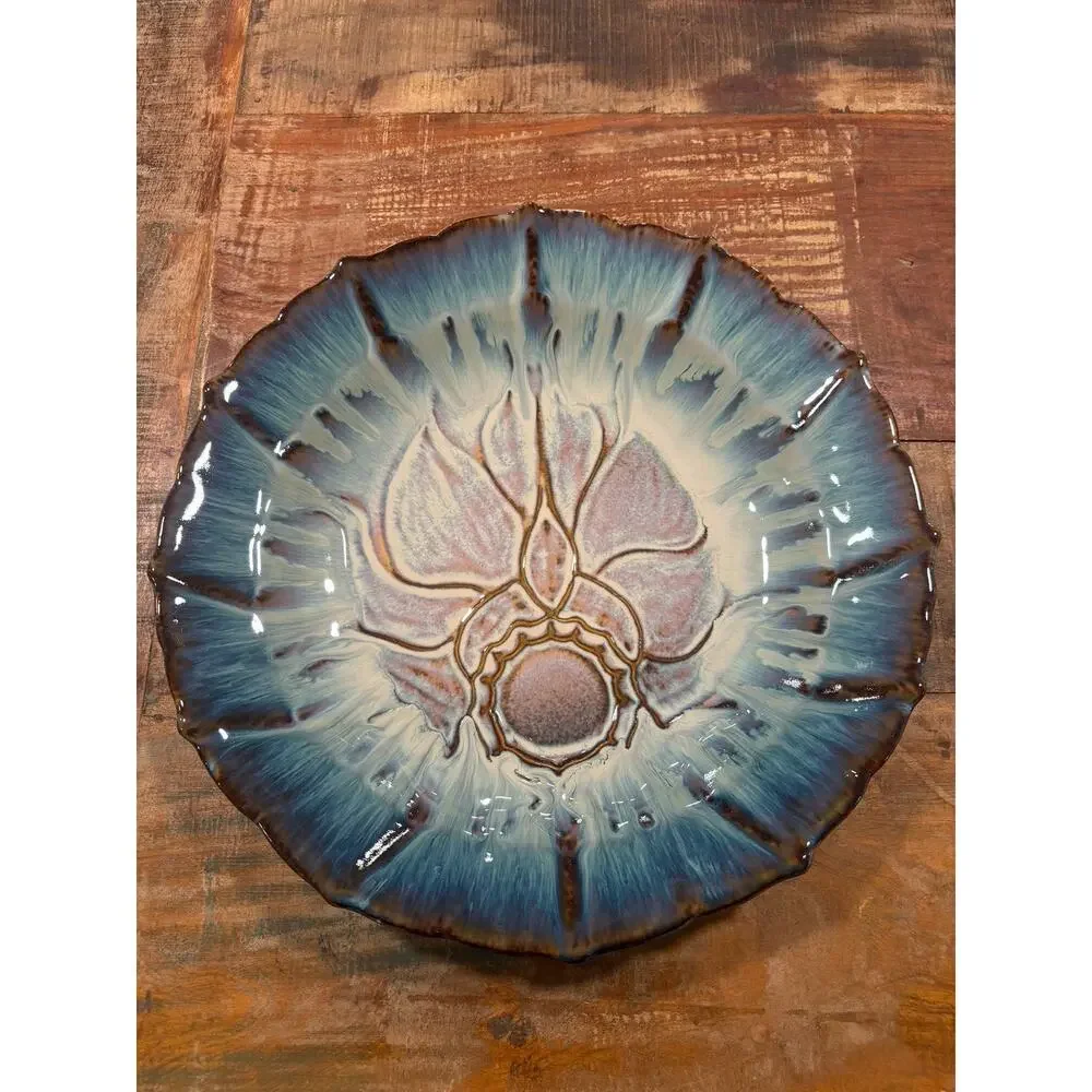 Vintage Bill Campbell Pottery Drip Glaze Lotus 14” Chip & Dip Platter Bowl Set